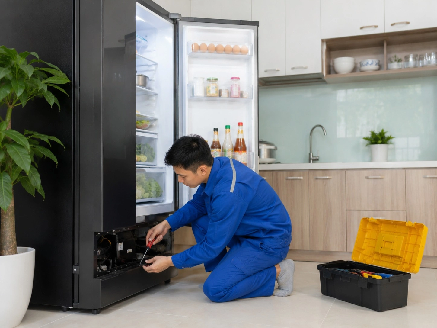 Kỹ thuật viên kiểm tra tủ lạnh tại nhà