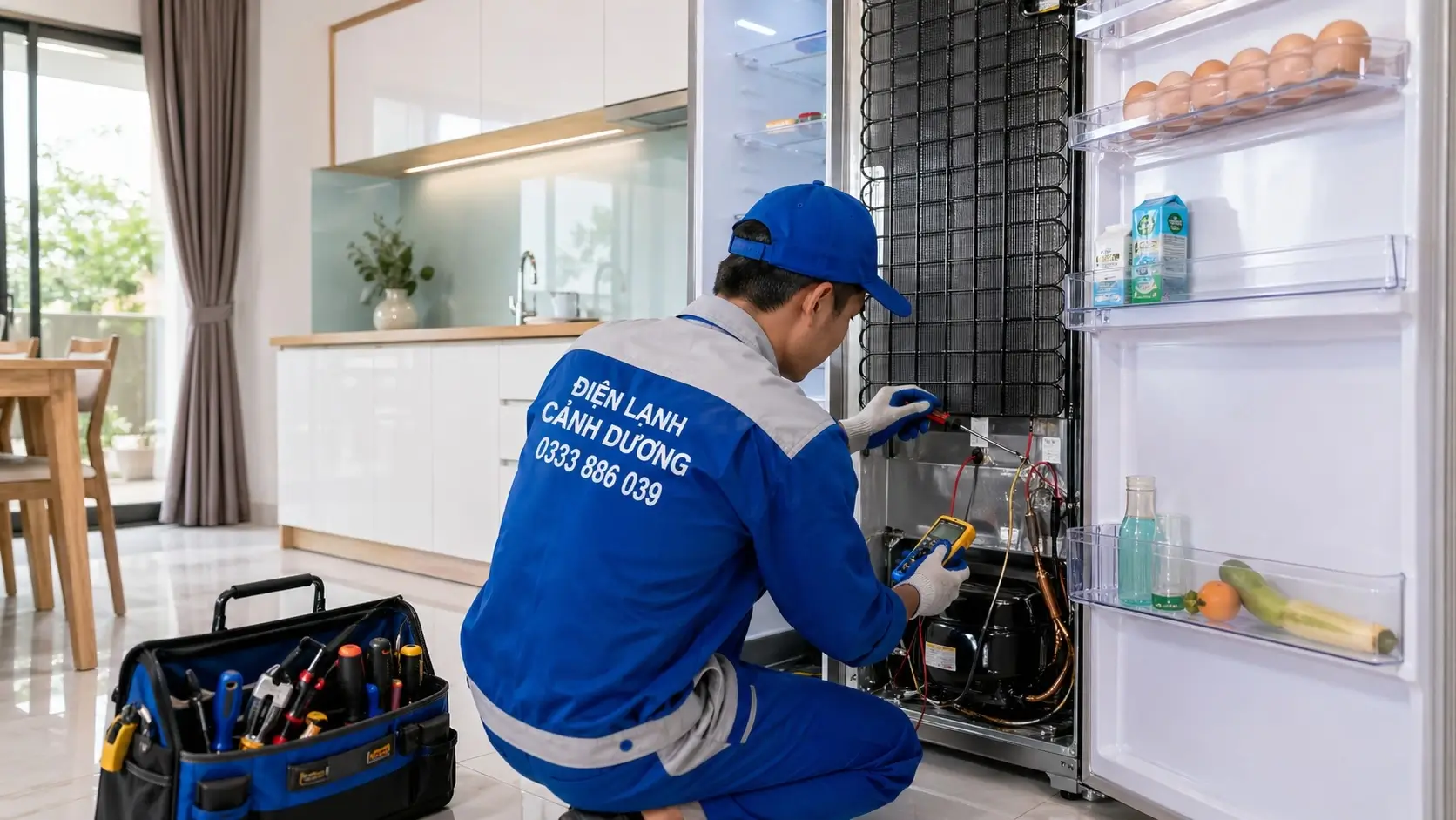 Kỹ thuật viên kiểm tra tủ lạnh tại nhà